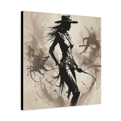 Cowgirl Silhouette Canvas Art – Western Whip Poster on Matte Stretched Canvas