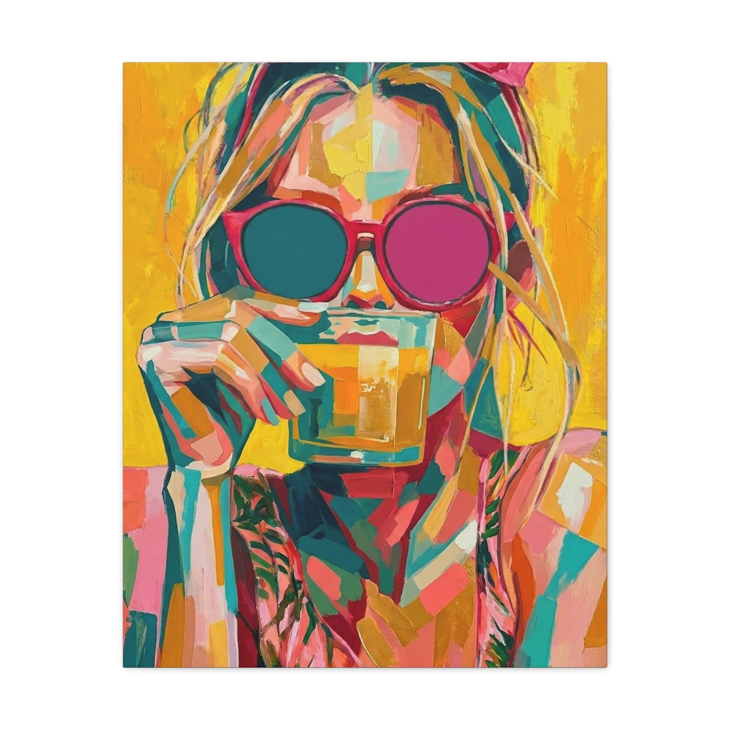 Colorful Pop Art Woman Drinking Canvas Wall Art