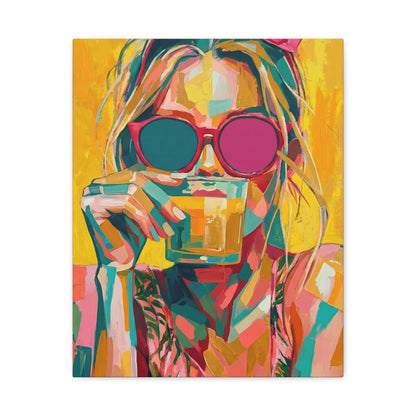 Colorful Pop Art Woman Drinking Canvas Wall Art