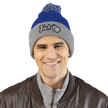 Embroidered 'Fuck Off' Pom-Pom Beanie - Knit Winter Hat