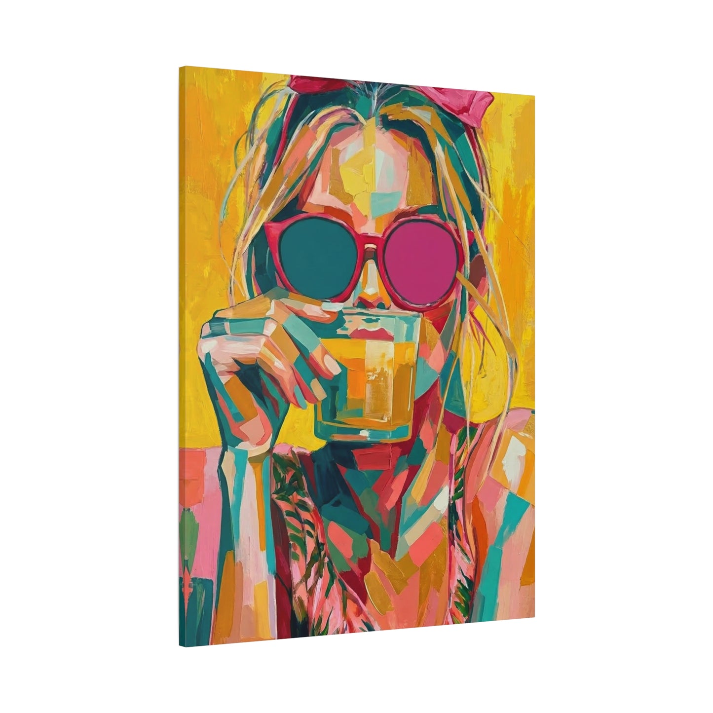 Colorful Pop Art Woman Drinking Canvas Wall Art