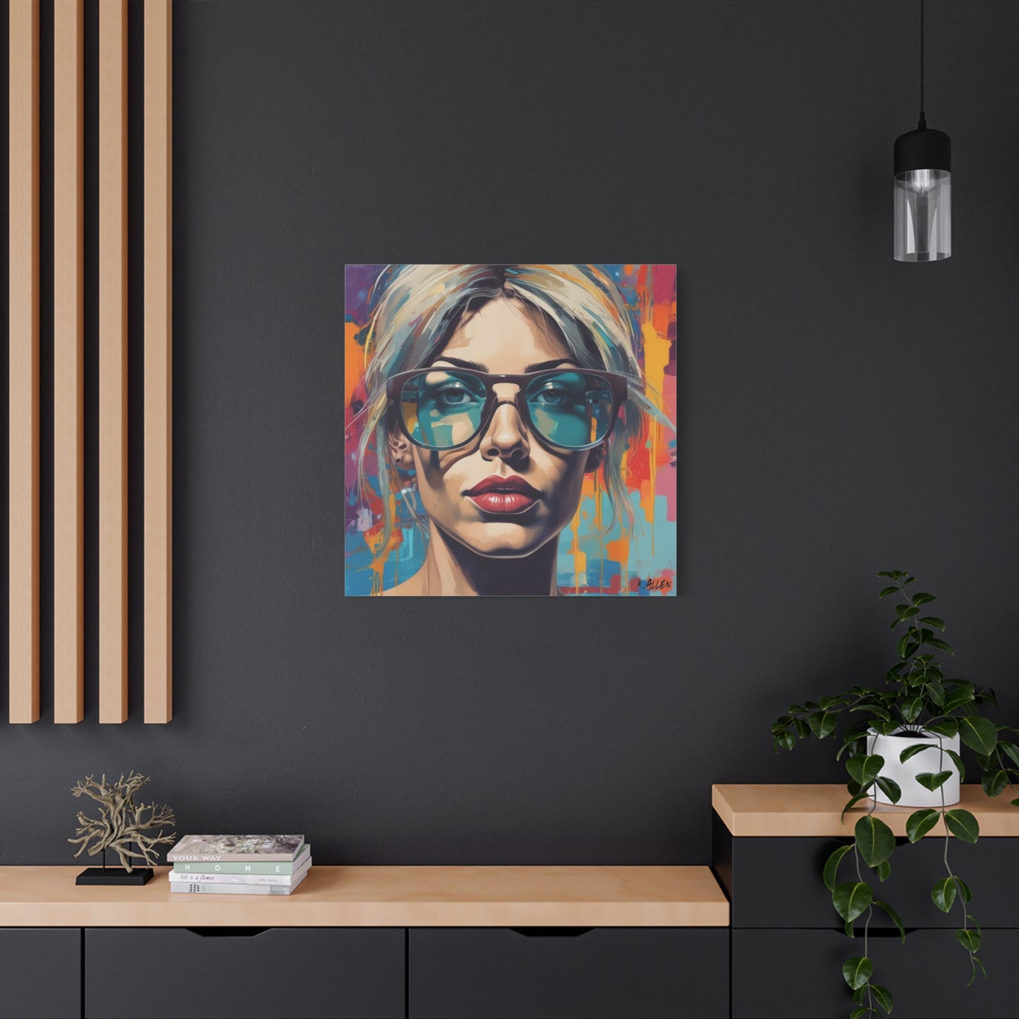 Pop Art Portrait Canvas — Blonde Woman with Blue Sunglasses Matte Stretched Art