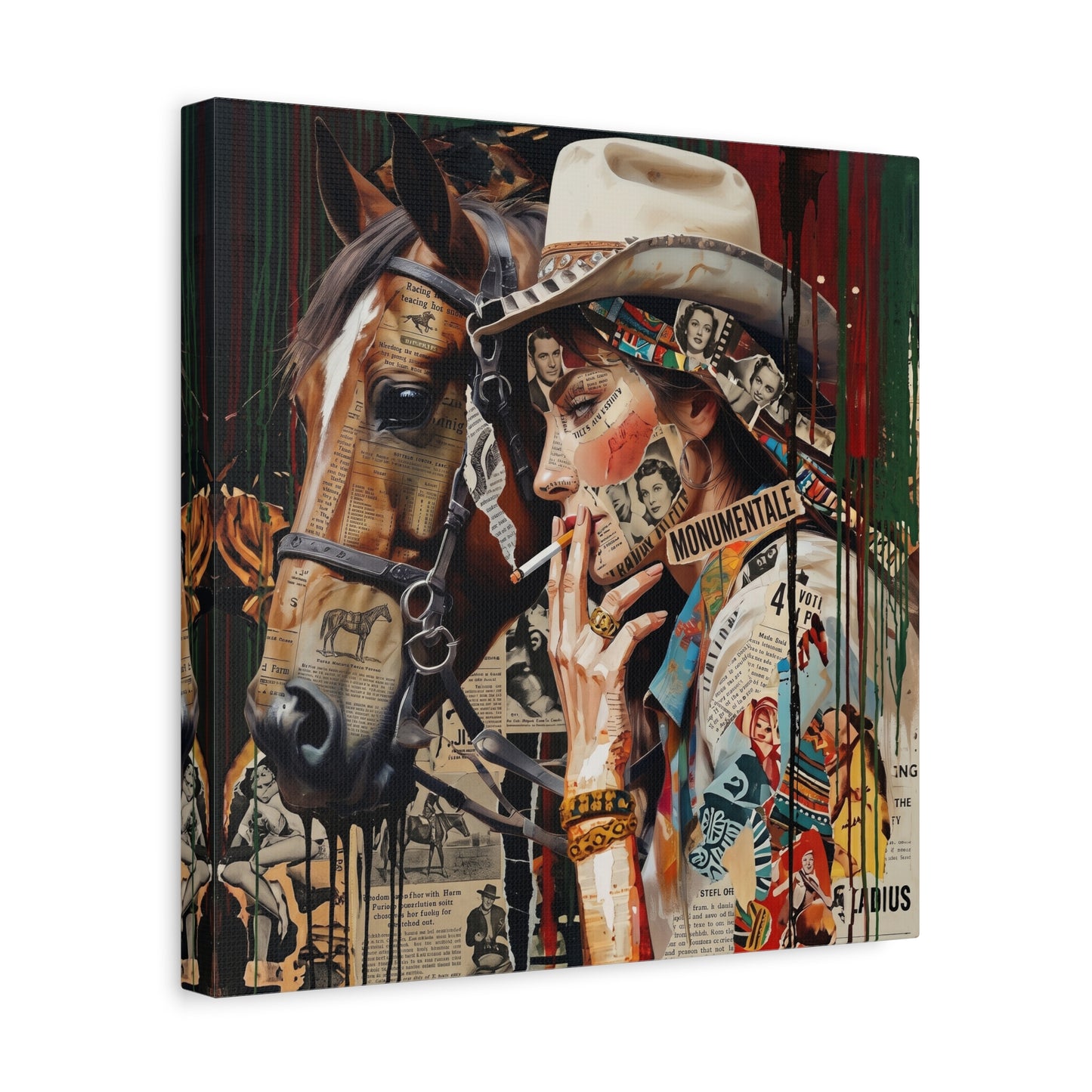 Western Collage Horse & Cowgirl Matte Canvas Wall Art - Stretched 1.25"