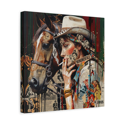 Western Collage Horse & Cowgirl Matte Canvas Wall Art - Stretched 1.25"
