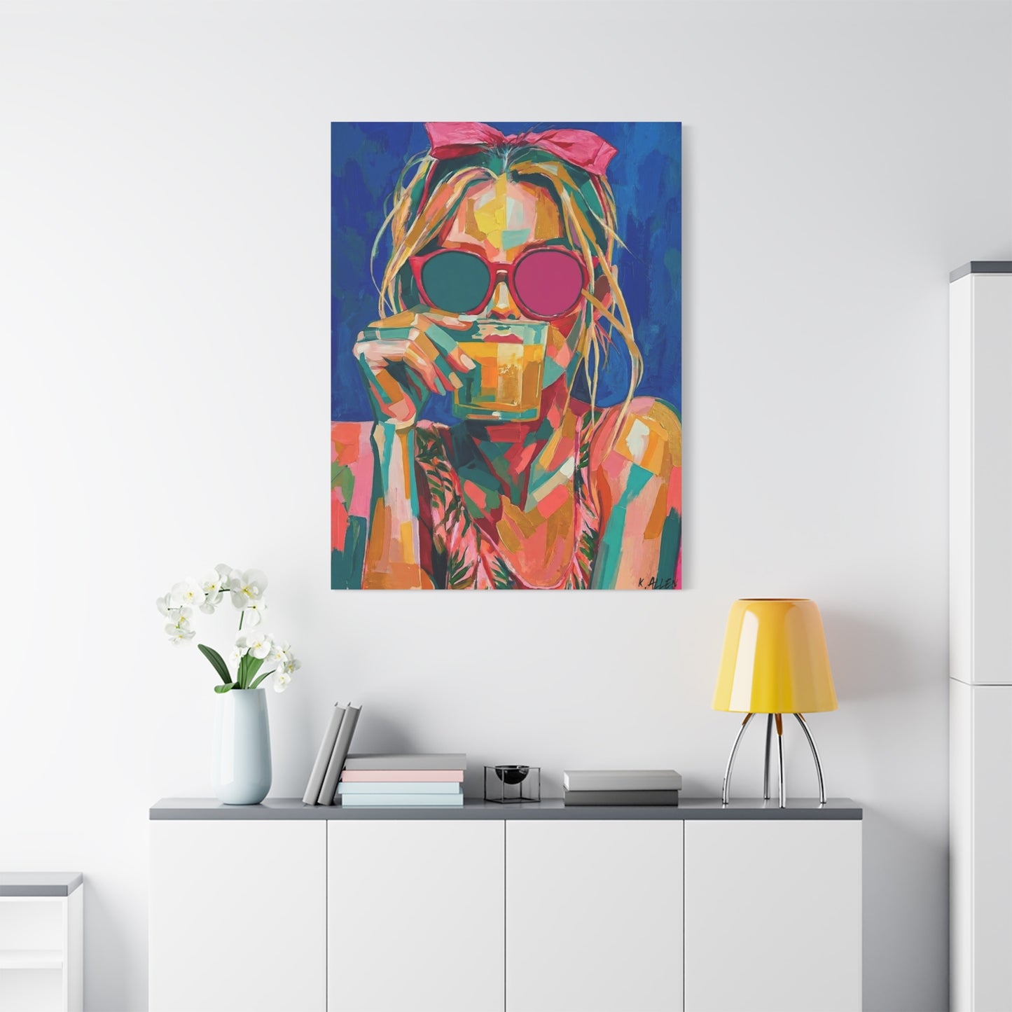 Colorful Pop Art Woman Drinking Canvas Wall Art - Blue