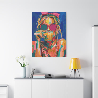 Colorful Pop Art Woman Drinking Canvas Wall Art - Blue