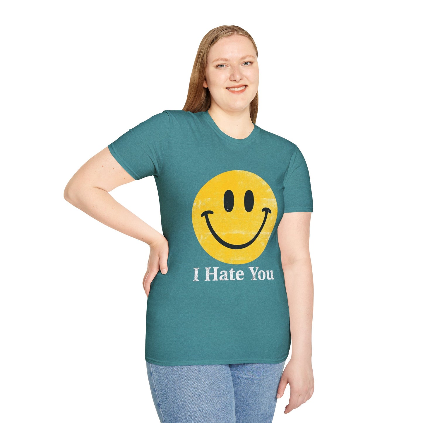 Funny 'I Hate You' Smiley T-Shirt — Retro Distressed Yellow Smiley Tee