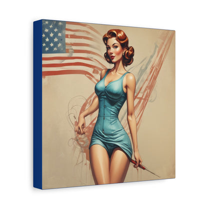 Retro Pin-Up Canvas Wall Art — Vintage American Flag Pinup Matte Stretched 1.25"