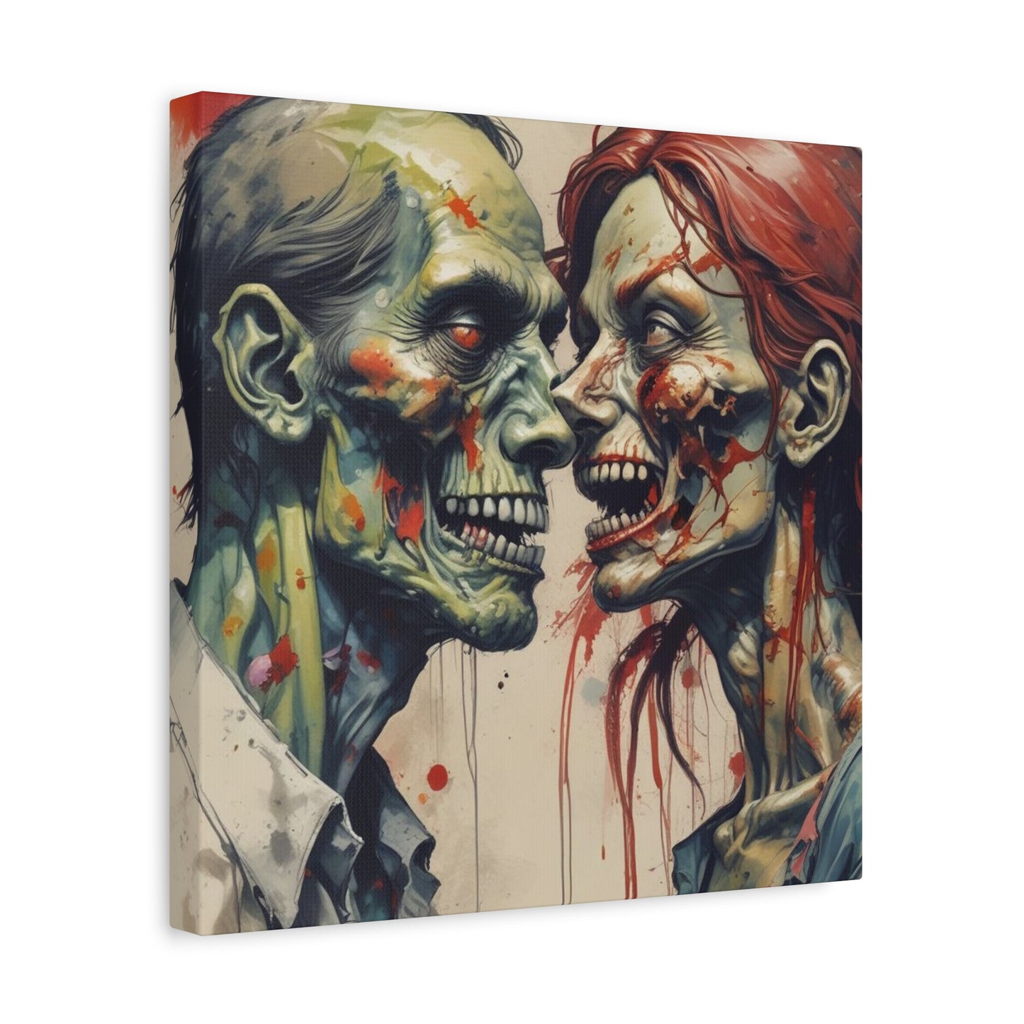 Zombie Couple Matte Canvas Wall Art — Blood-Splattered Horror Portrait
