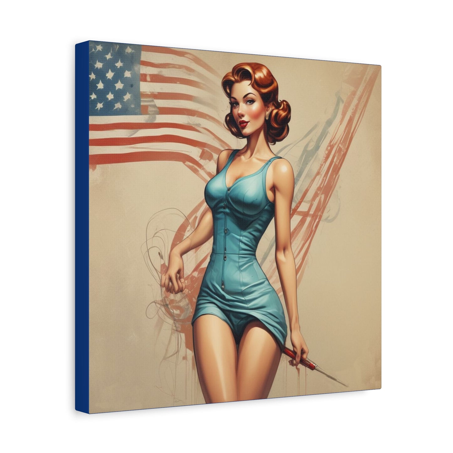 Retro Pin-Up Canvas Wall Art — Vintage American Flag Pinup Matte Stretched 1.25"