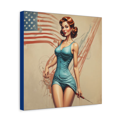 Retro Pin-Up Canvas Wall Art — Vintage American Flag Pinup Matte Stretched 1.25"