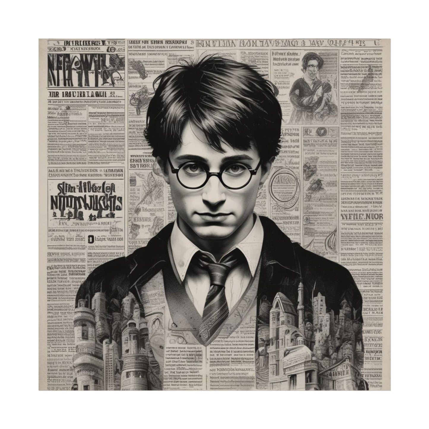 Vintage Newspaper Portrait Poster — Young Wizard Illustration Fine Art Print