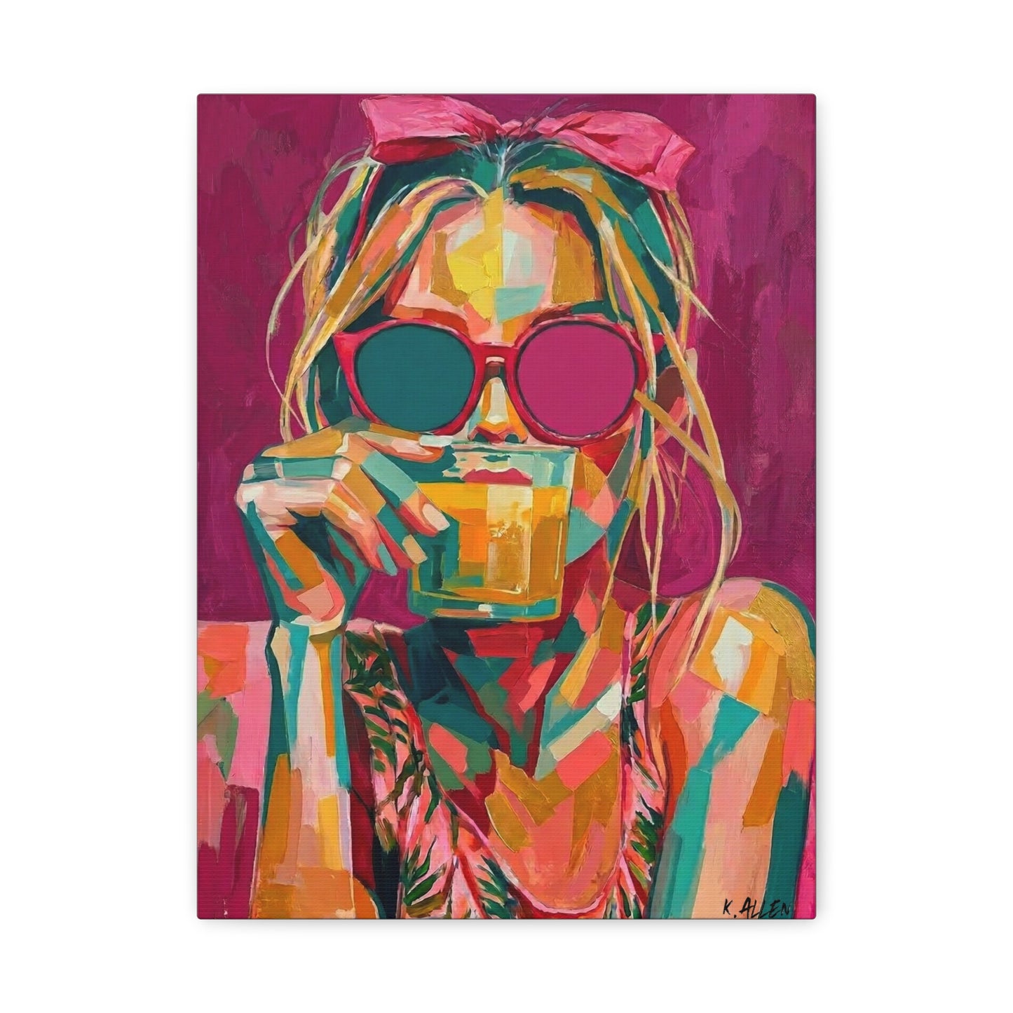 Pop Art Woman Drinking Coffee Canvas - Pink