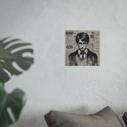 Vintage Newspaper Portrait Poster — Young Wizard Illustration Fine Art Print