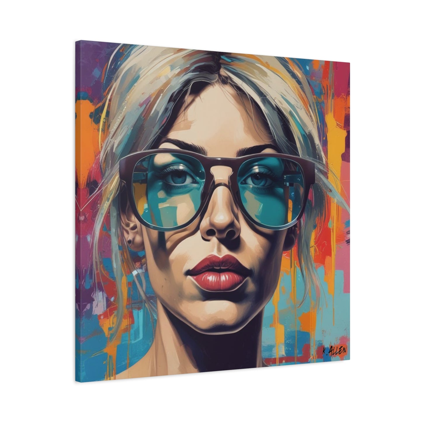 Pop Art Portrait Canvas — Blonde Woman with Blue Sunglasses Matte Stretched Art