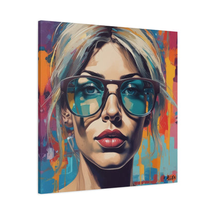 Pop Art Portrait Canvas — Blonde Woman with Blue Sunglasses Matte Stretched Art