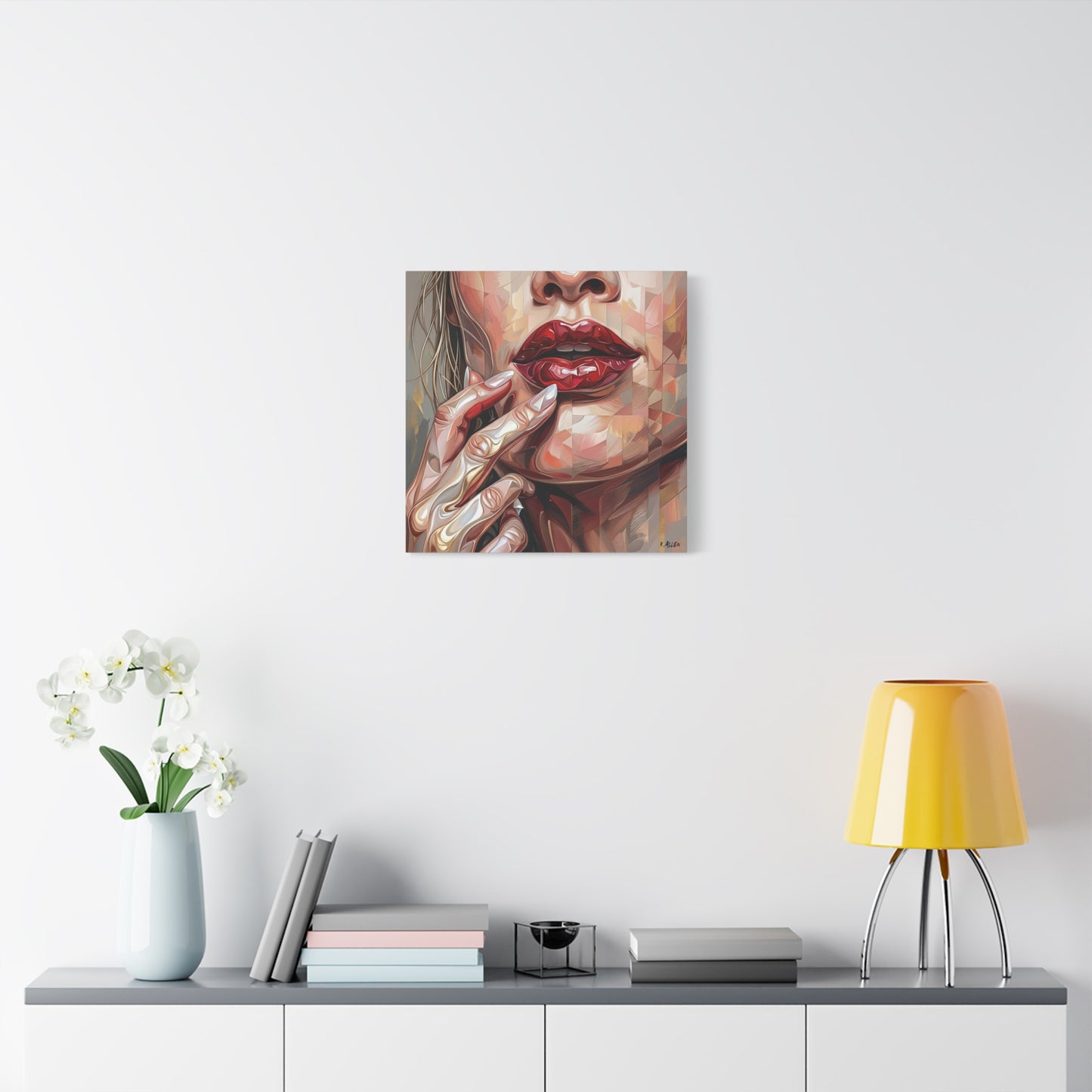Glam Portrait Canvas Print — Red Lips & Painted Hands Matte Stretched Wall Art