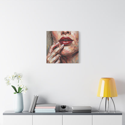 Glam Portrait Canvas Print — Red Lips & Painted Hands Matte Stretched Wall Art