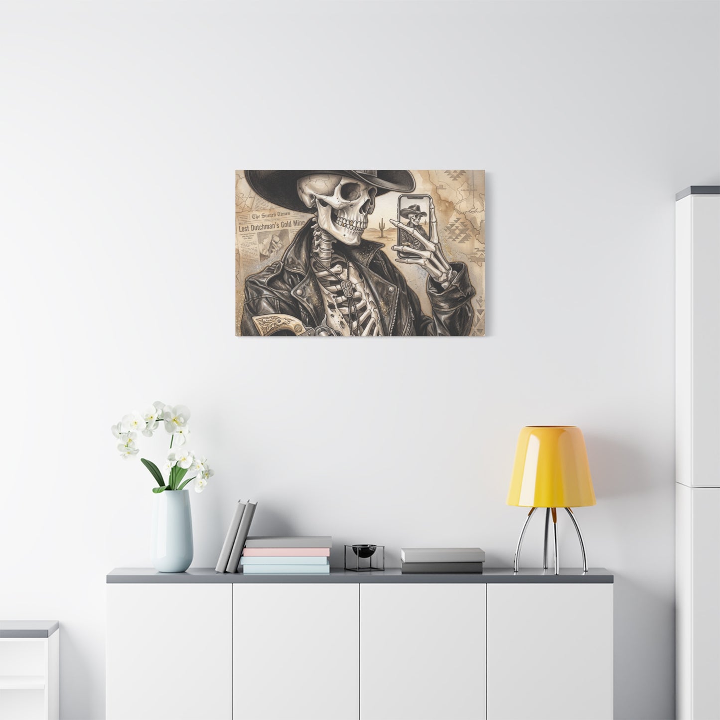 Skeleton Cowboy Canvas Print — Western Skull Selfie Wall Art (Matte Stretched)