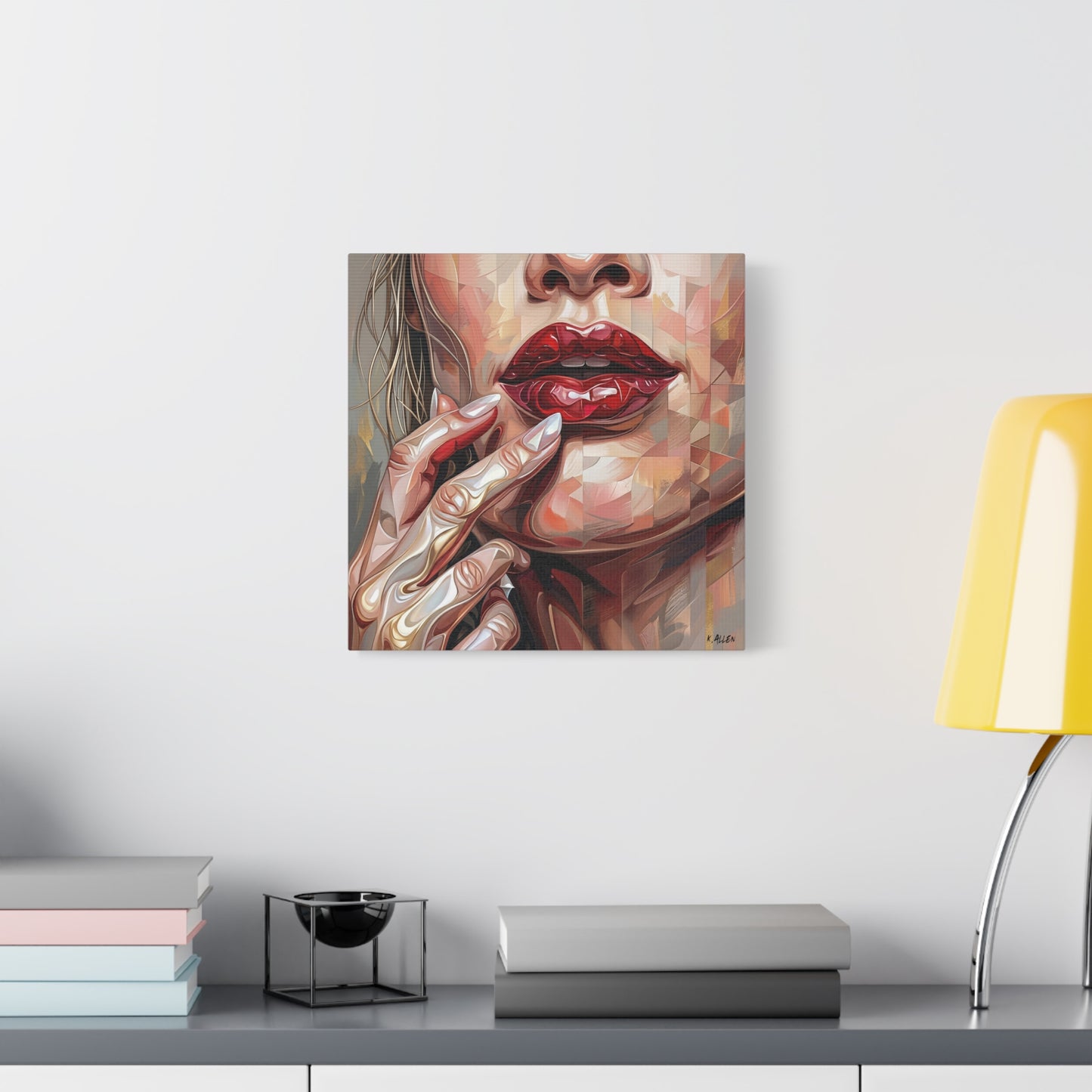 Glam Portrait Canvas Print — Red Lips & Painted Hands Matte Stretched Wall Art