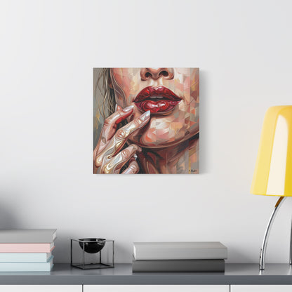 Glam Portrait Canvas Print — Red Lips & Painted Hands Matte Stretched Wall Art