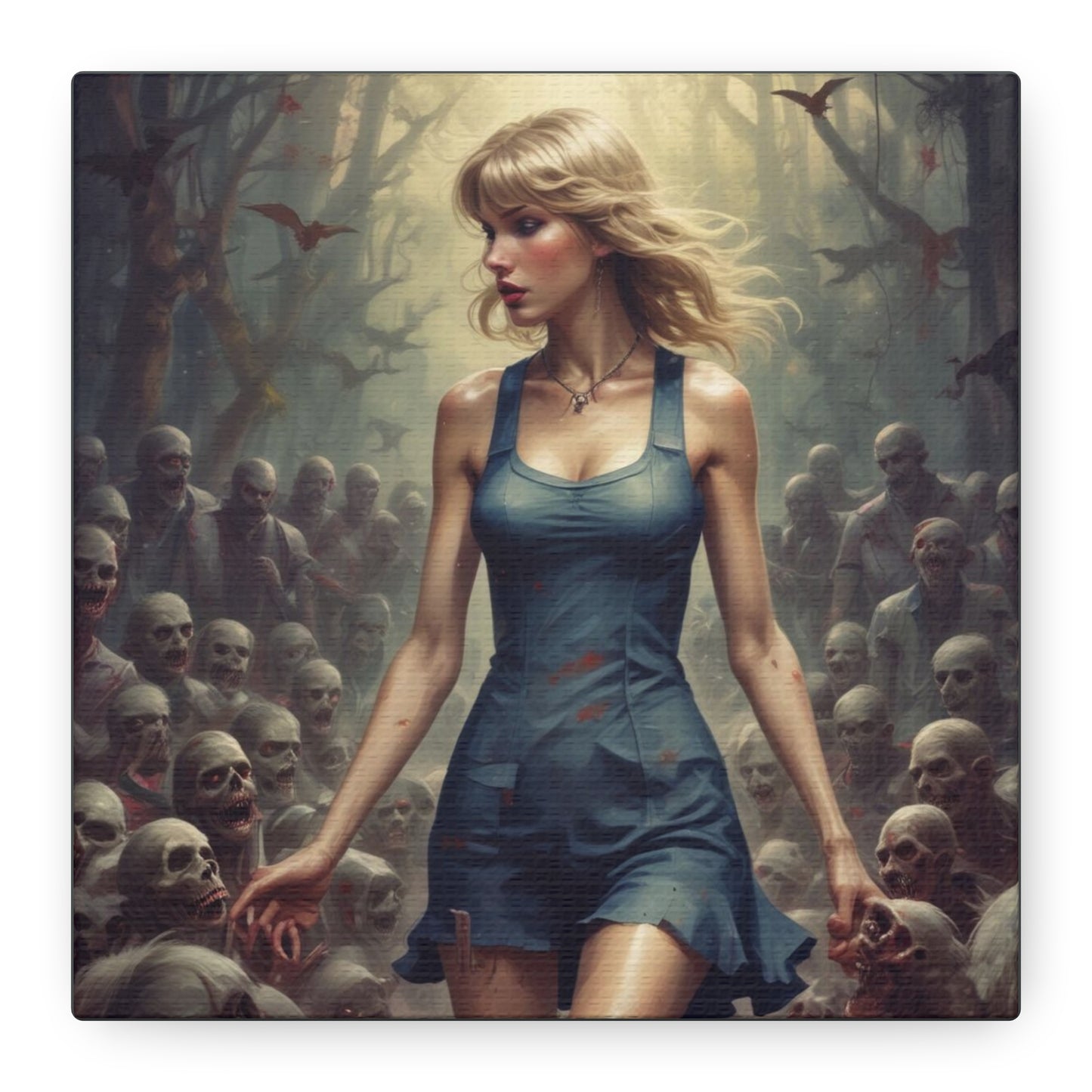 Zombie Swift Horde Canvas Print — Female Survivor Horror Wall Art (Matte Stretched 1.25")