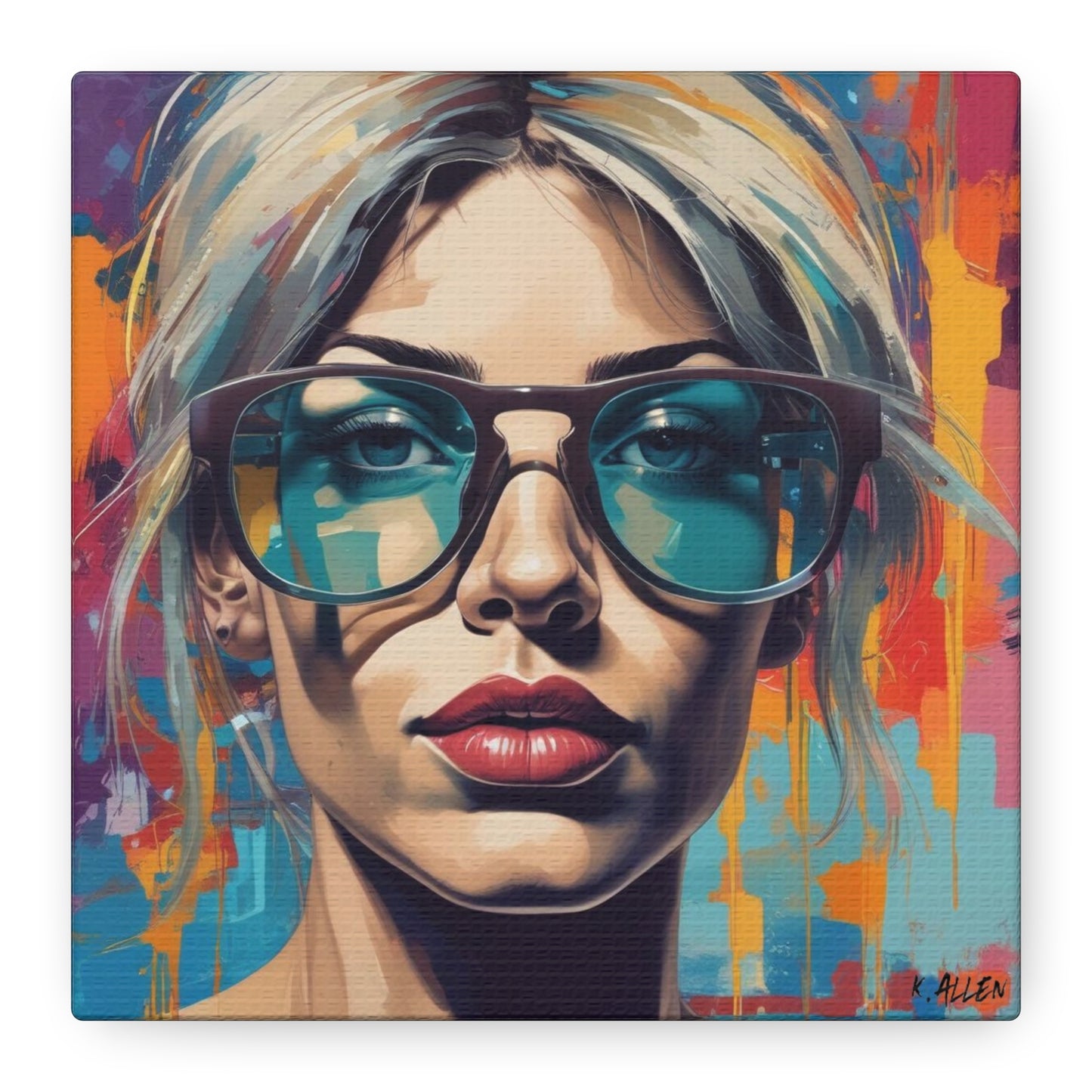 Pop Art Portrait Canvas — Blonde Woman with Blue Sunglasses Matte Stretched Art
