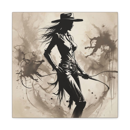 Cowgirl Silhouette Canvas Art – Western Whip Poster on Matte Stretched Canvas