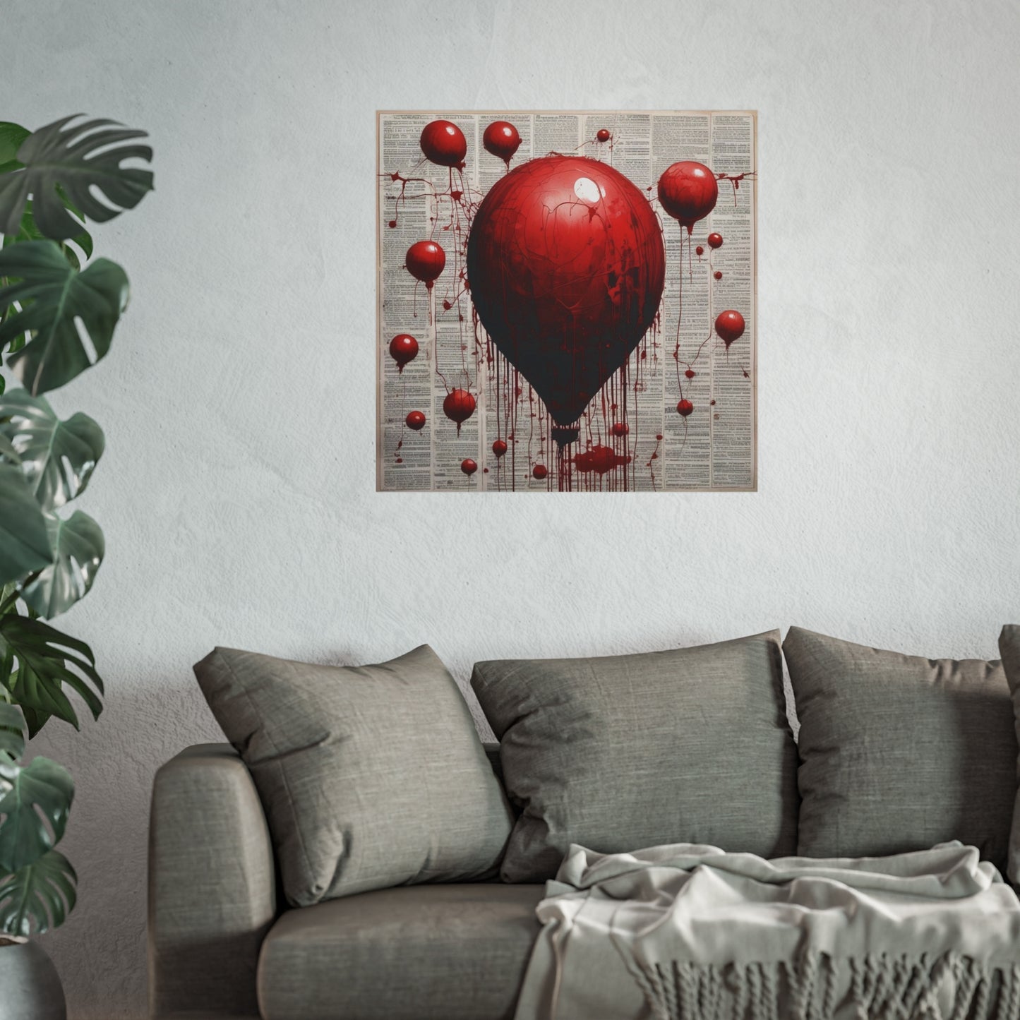 Fine Art Poster — Red Dripping Balloon on Vintage Book Pages