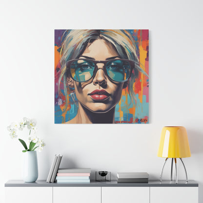 Pop Art Portrait Canvas — Blonde Woman with Blue Sunglasses Matte Stretched Art