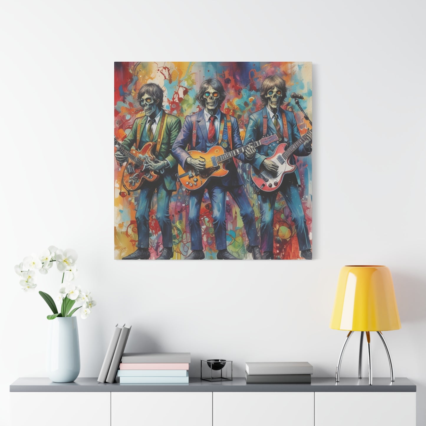Rock Skeleton Band Canvas Print — Colorful Guitarist Wall Art
