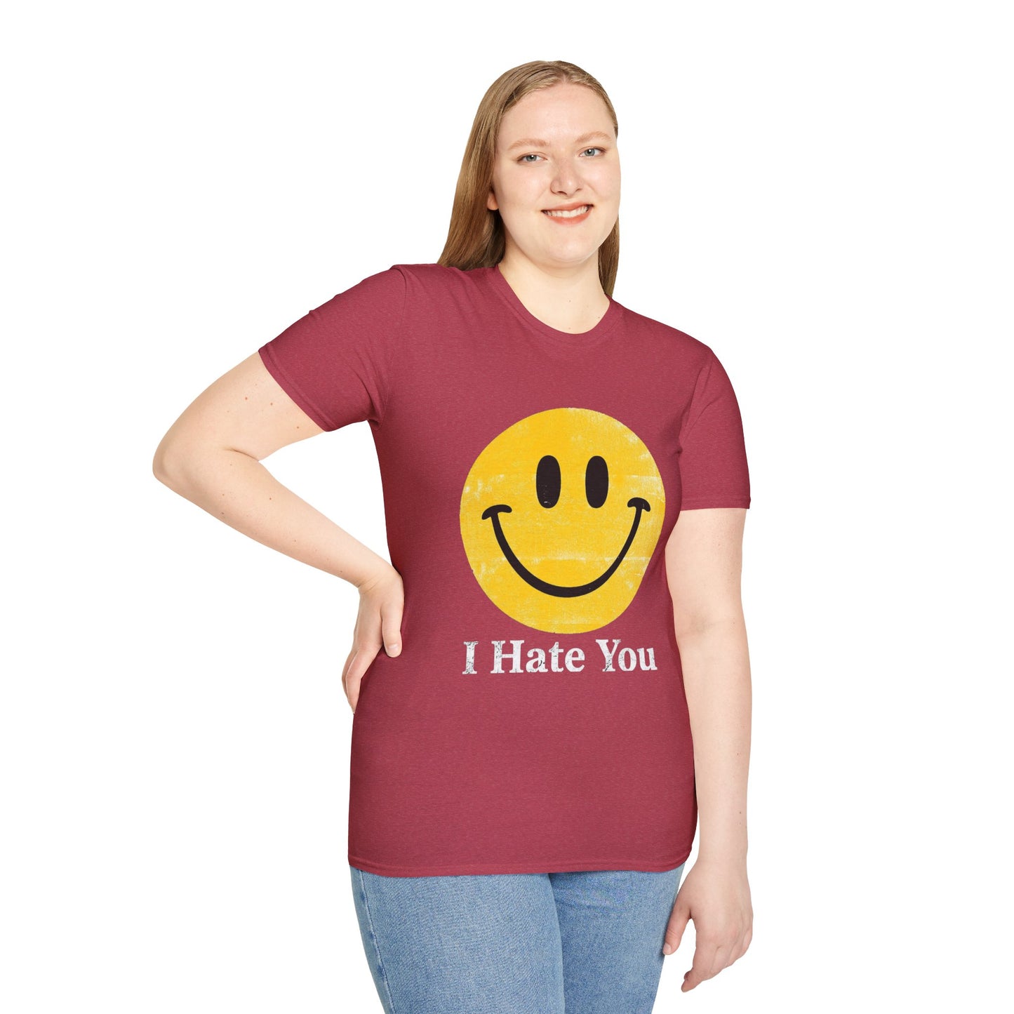 Funny 'I Hate You' Smiley T-Shirt — Retro Distressed Yellow Smiley Tee