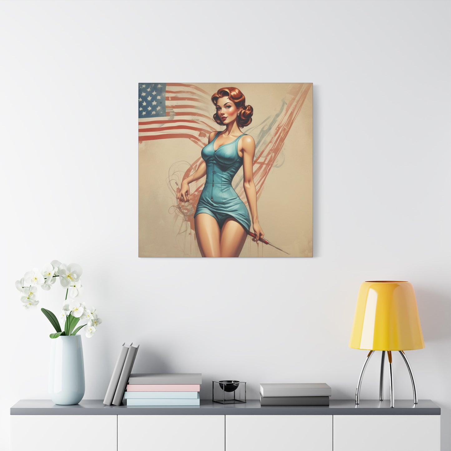 Retro Pin-Up Canvas Wall Art — Vintage American Flag Pinup Matte Stretched 1.25"