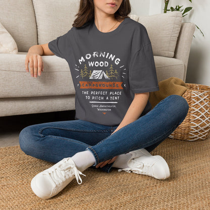 Camping T-Shirt — "Morning Wood" Tent & Pine Tree Outdoor Graphic Tee