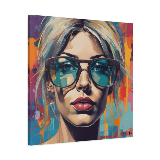 Pop Art Portrait Canvas — Blonde Woman with Blue Sunglasses Matte Stretched Art