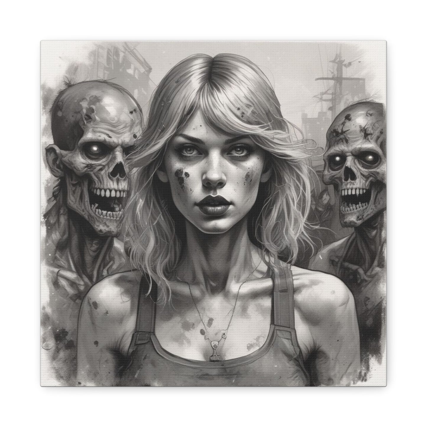 Zombie Apocalypse Canvas Print — Female Survivor Portrait Matte Stretched Art