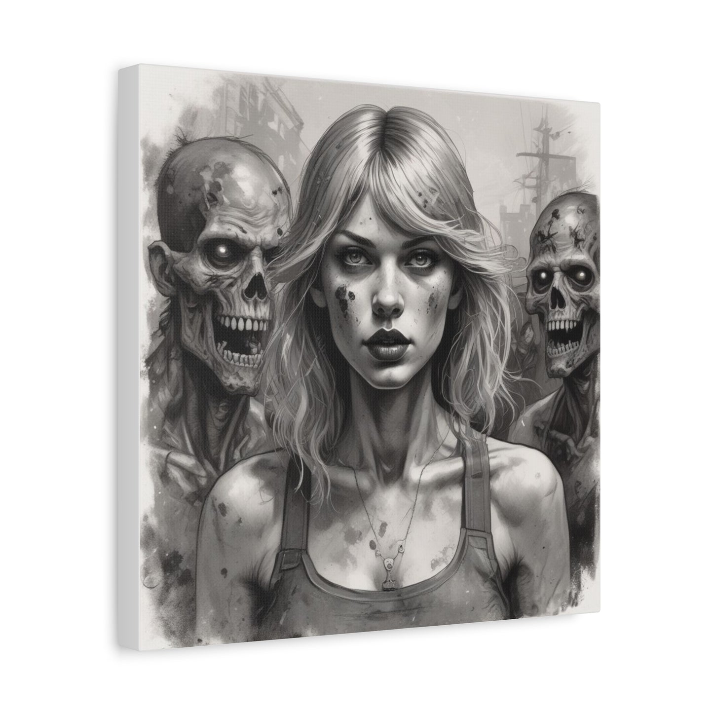 Zombie Apocalypse Canvas Print — Female Survivor Portrait Matte Stretched Art