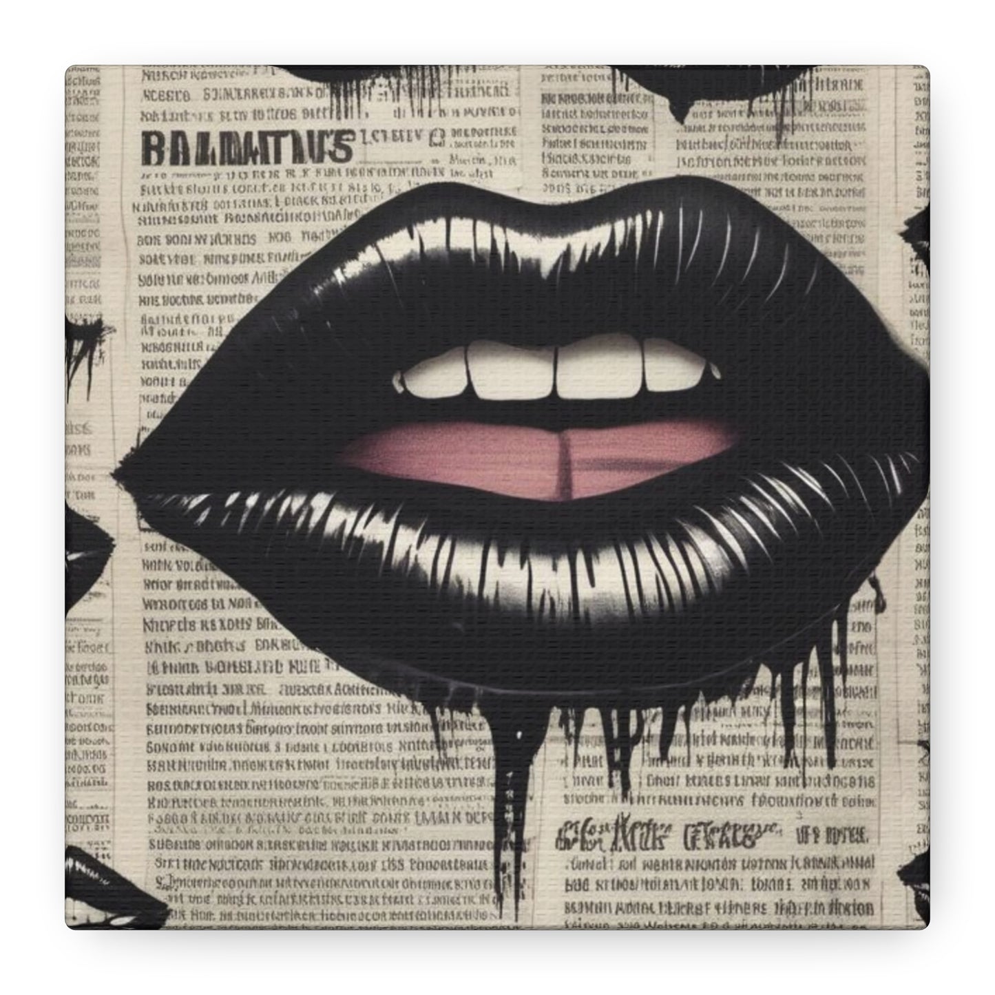 Black Drip Lips Canvas Wall Art — Vintage Newspaper Pop Art