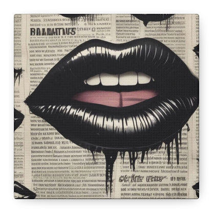 Black Drip Lips Canvas Wall Art — Vintage Newspaper Pop Art