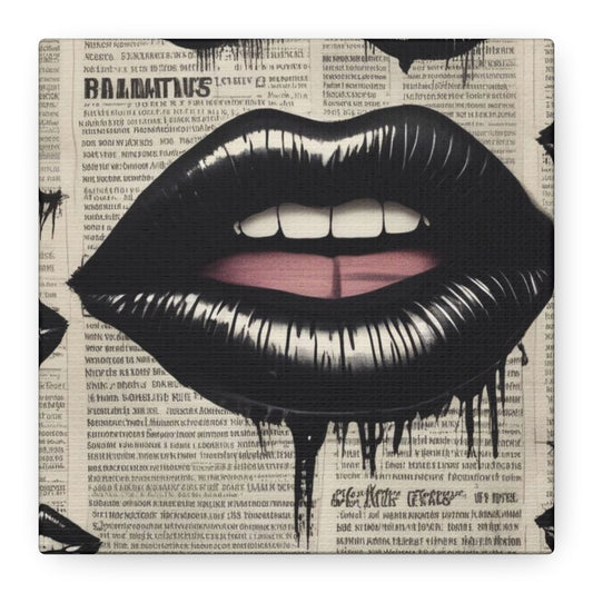 Black Drip Lips Canvas Wall Art — Vintage Newspaper Pop Art