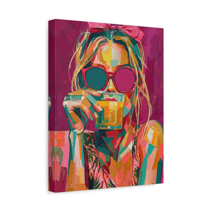 Pop Art Woman Drinking Coffee Canvas - Pink