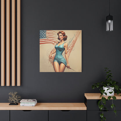 Retro Pin-Up Canvas Wall Art — Vintage American Flag Pinup Matte Stretched 1.25"