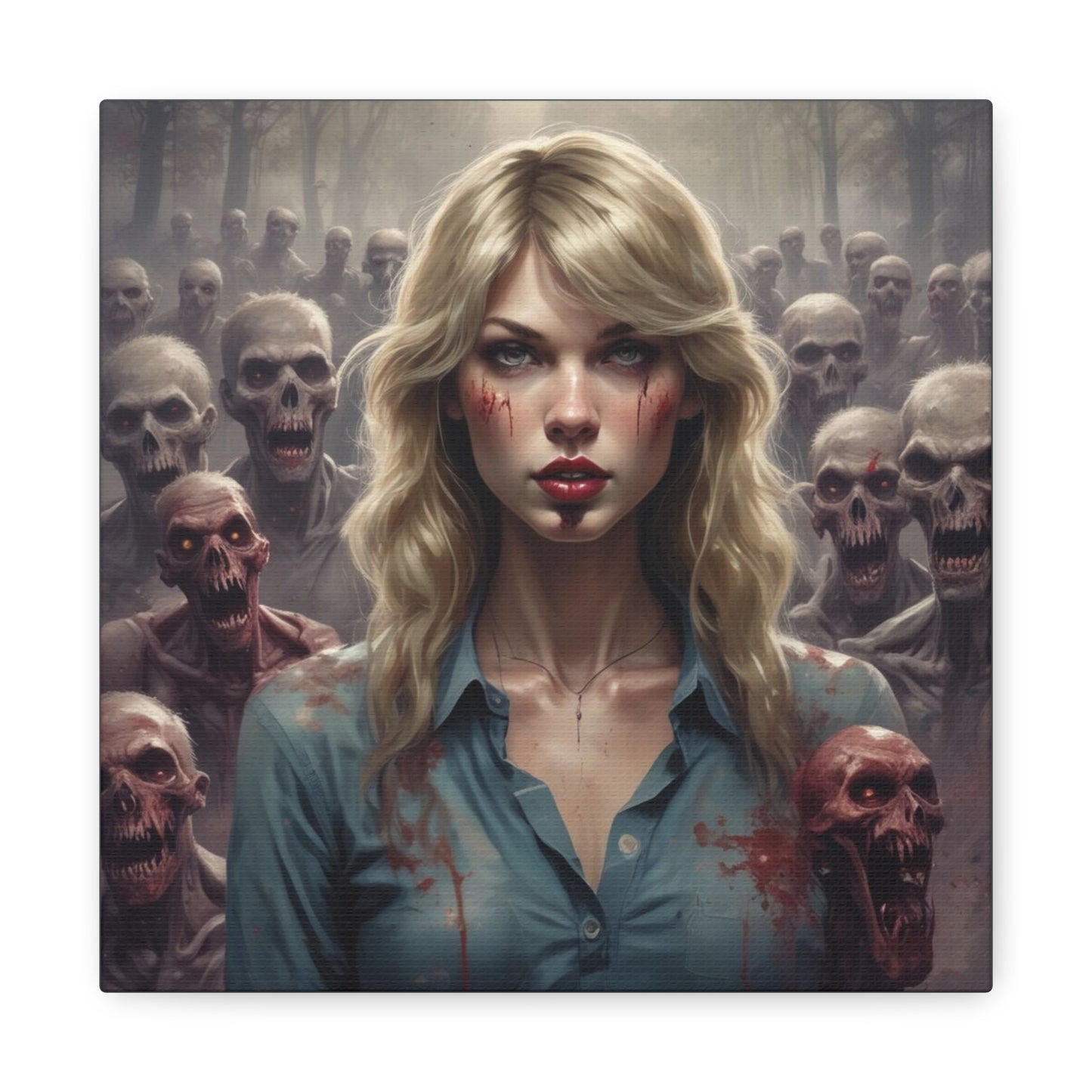 Zombie Swift Matte Canvas Print — Horror Wall Art, Blonde Survivor Surrounded by Undead