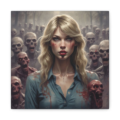 Zombie Swift Matte Canvas Print — Horror Wall Art, Blonde Survivor Surrounded by Undead