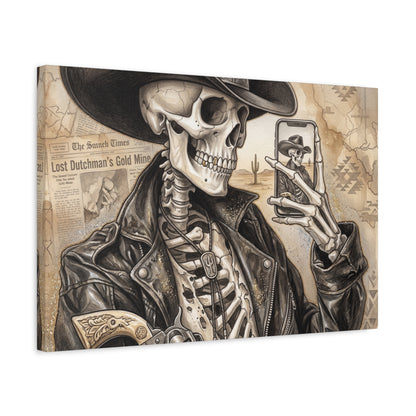Skeleton Cowboy Canvas Print — Western Skull Selfie Wall Art (Matte Stretched)