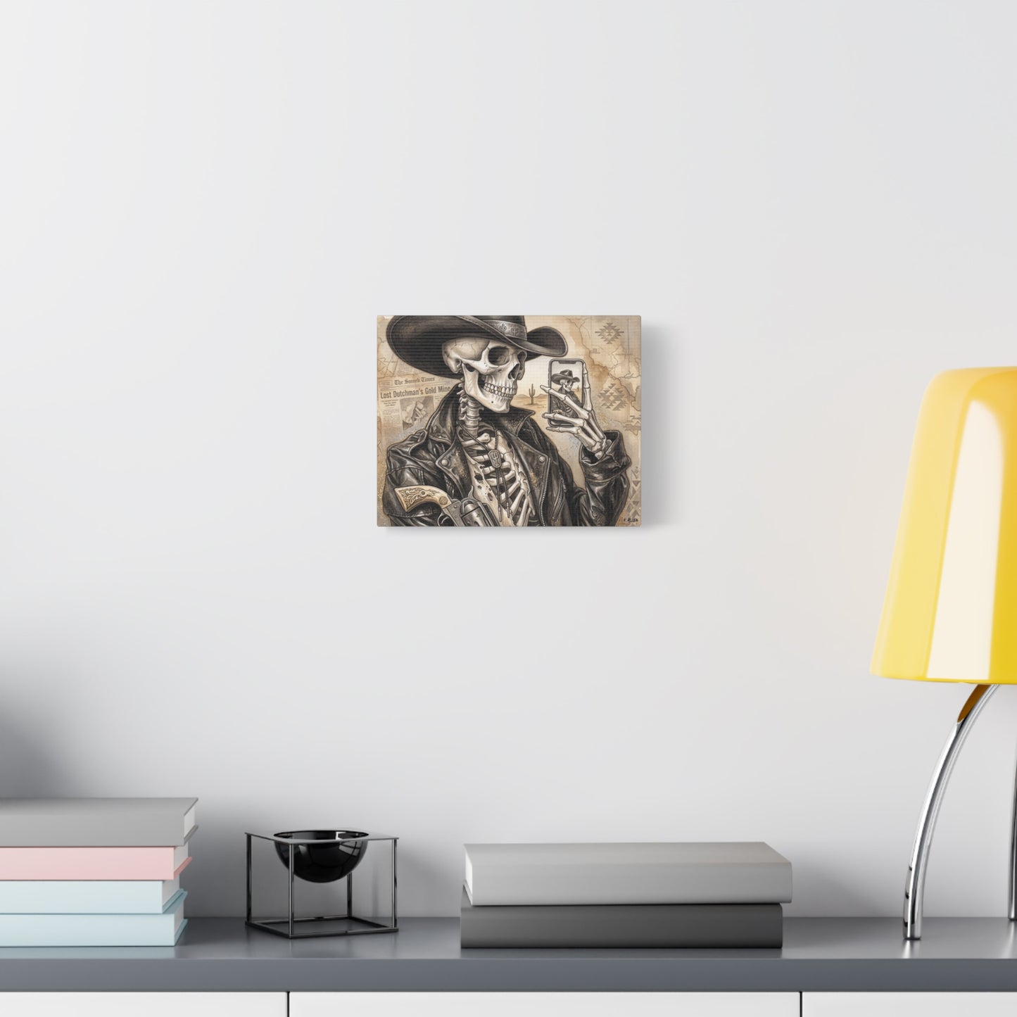 Skeleton Cowboy Canvas Print — Western Skull Selfie Wall Art (Matte Stretched)