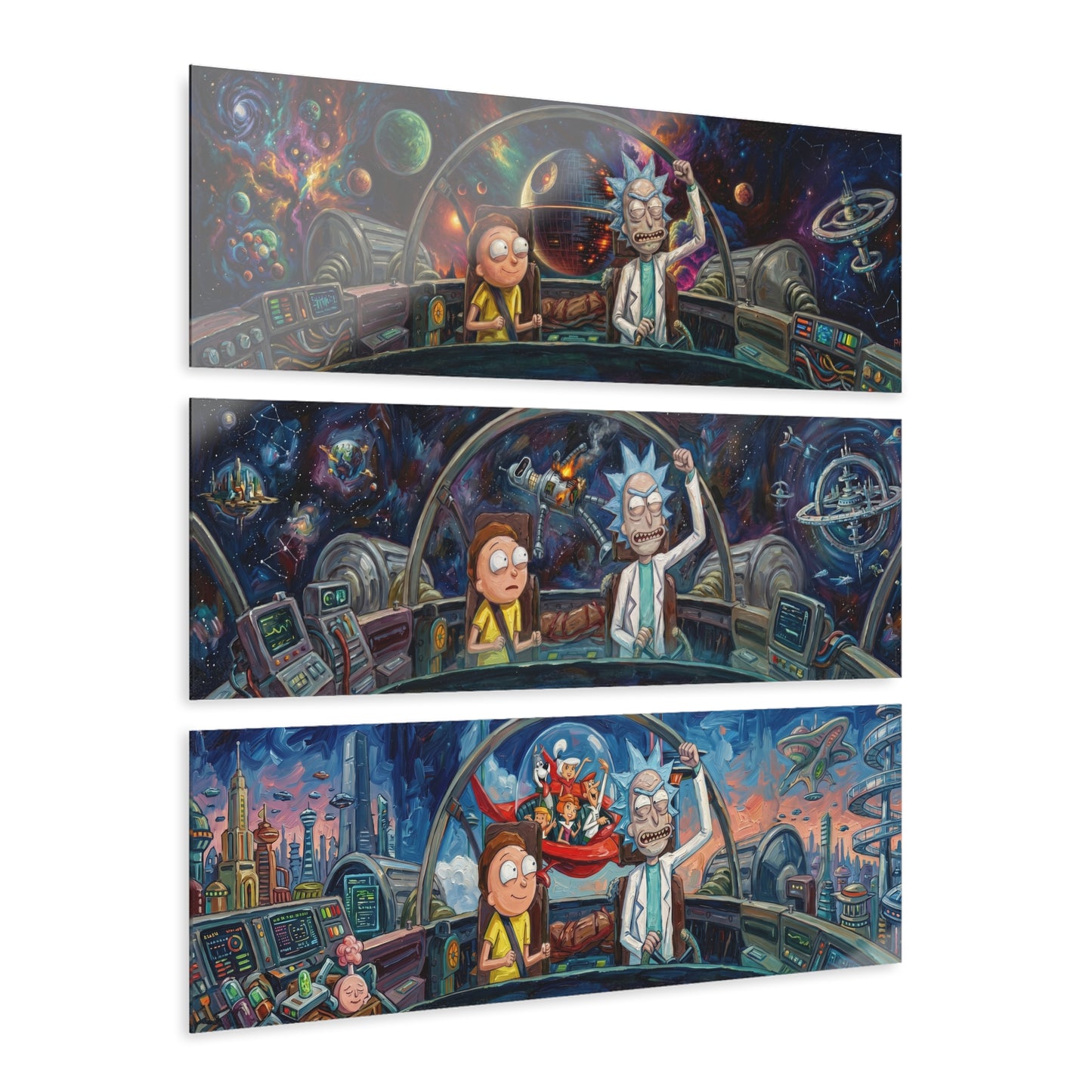 Ricks World Triptych Acrylic Wall Art – Space Adventure Cartoon Scene