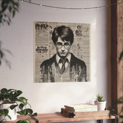 Vintage Newspaper Portrait Poster — Young Wizard Illustration Fine Art Print