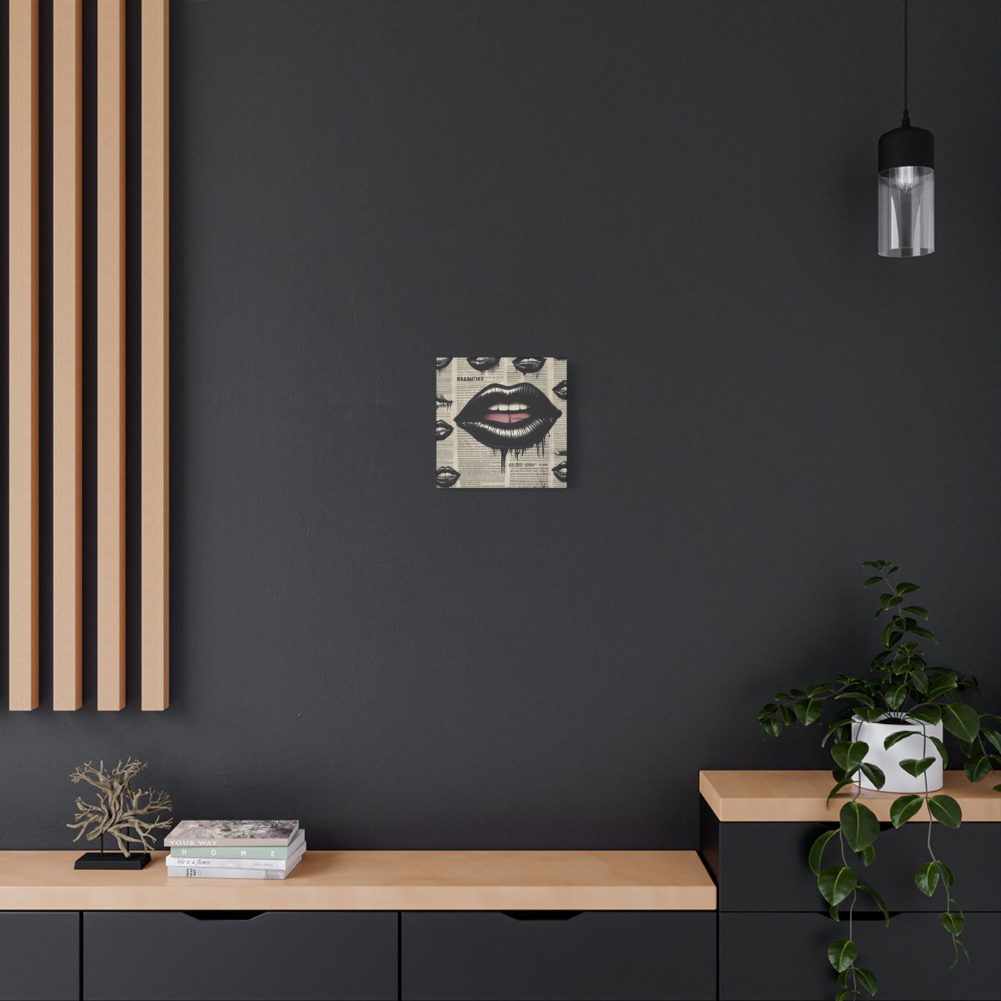 Black Drip Lips Canvas Wall Art — Vintage Newspaper Pop Art