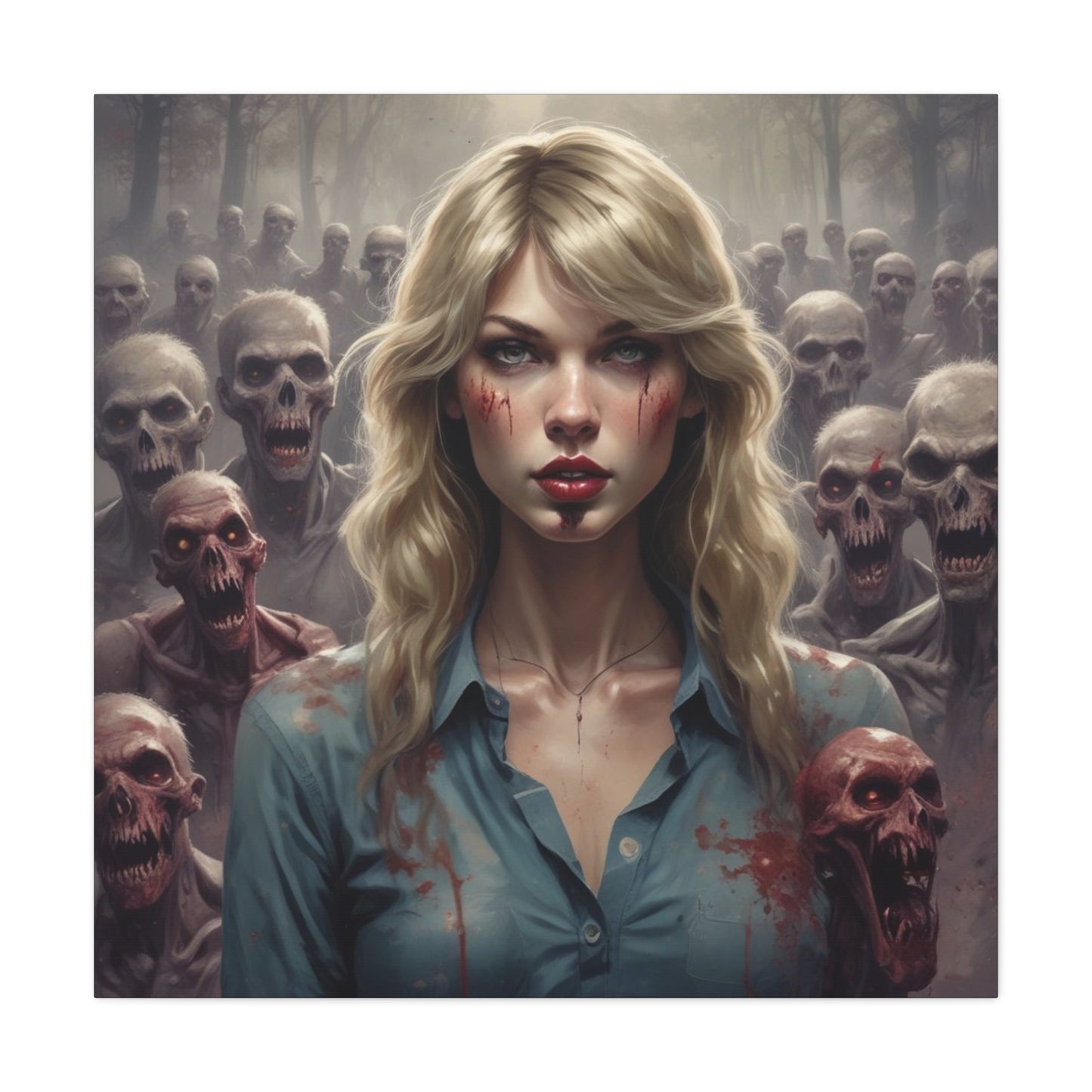 Zombie Swift Matte Canvas Print — Horror Wall Art, Blonde Survivor Surrounded by Undead